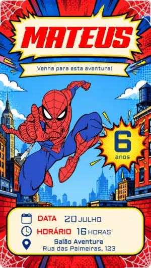 Convite de Aniversário Homem-Aranha Estilo Quadrinhos para Editar