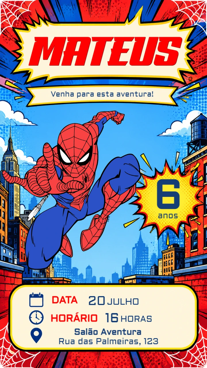 Convite de Aniversário Homem-Aranha Estilo Quadrinhos para Editar Convite de Aniversário Homem-Aranha Estilo Quadrinhos para Editar