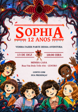Convite de Aniversário Stranger Things Personagens Desenho Editável