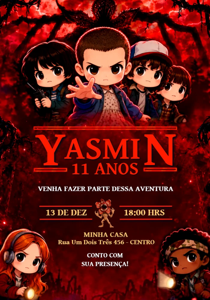 Convite de Aniversário Stranger Things Chibi para Editar Online Convite de Aniversário Stranger Things Chibi para Editar Online