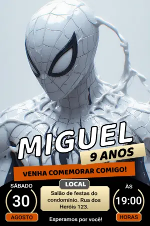 Convite de Aniversário Homem-Aranha Branco 3D para Editar