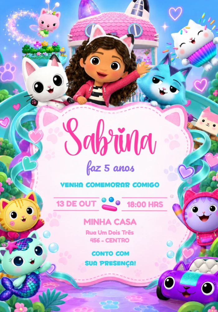 Convite Aniversário A Casa Mágica da Gabby e sua Turma Editável Convite Aniversário A Casa Mágica da Gabby e sua Turma Editável