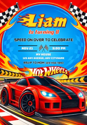 Hot Wheels Birthday Invitation with Flaming Red Car | Editable