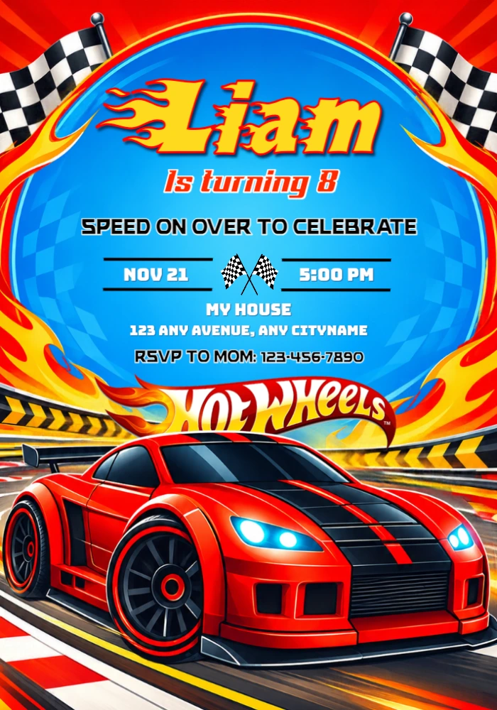 Hot Wheels Birthday Invitation with Flaming Red Car | Editable Hot Wheels Birthday Invitation with Flaming Red Car | Editable