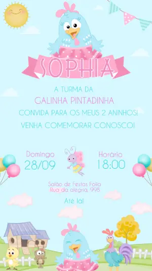 Convite de Aniversário Galinha Pintadinha Rosa Editável