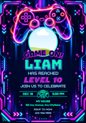Editable Neon Gamer Birthday Invitation Template