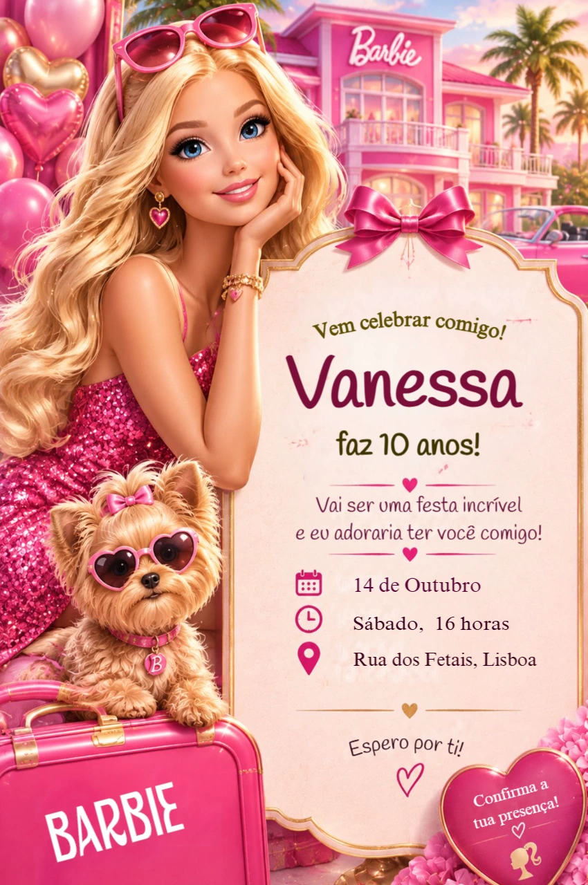 Convite de Aniversário Barbie Editável para Festa de Menina Convite de Aniversário Barbie Editável para Festa de Menina