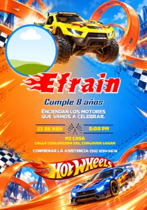 Invitación de Cumpleaños Hot Wheels Monster Trucks con Foto Editable
