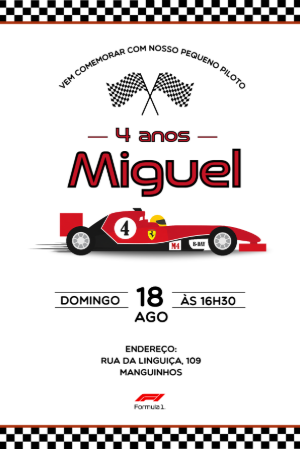 Convite de Aniversário Fórmula 1 Editável para Festa de Corrida