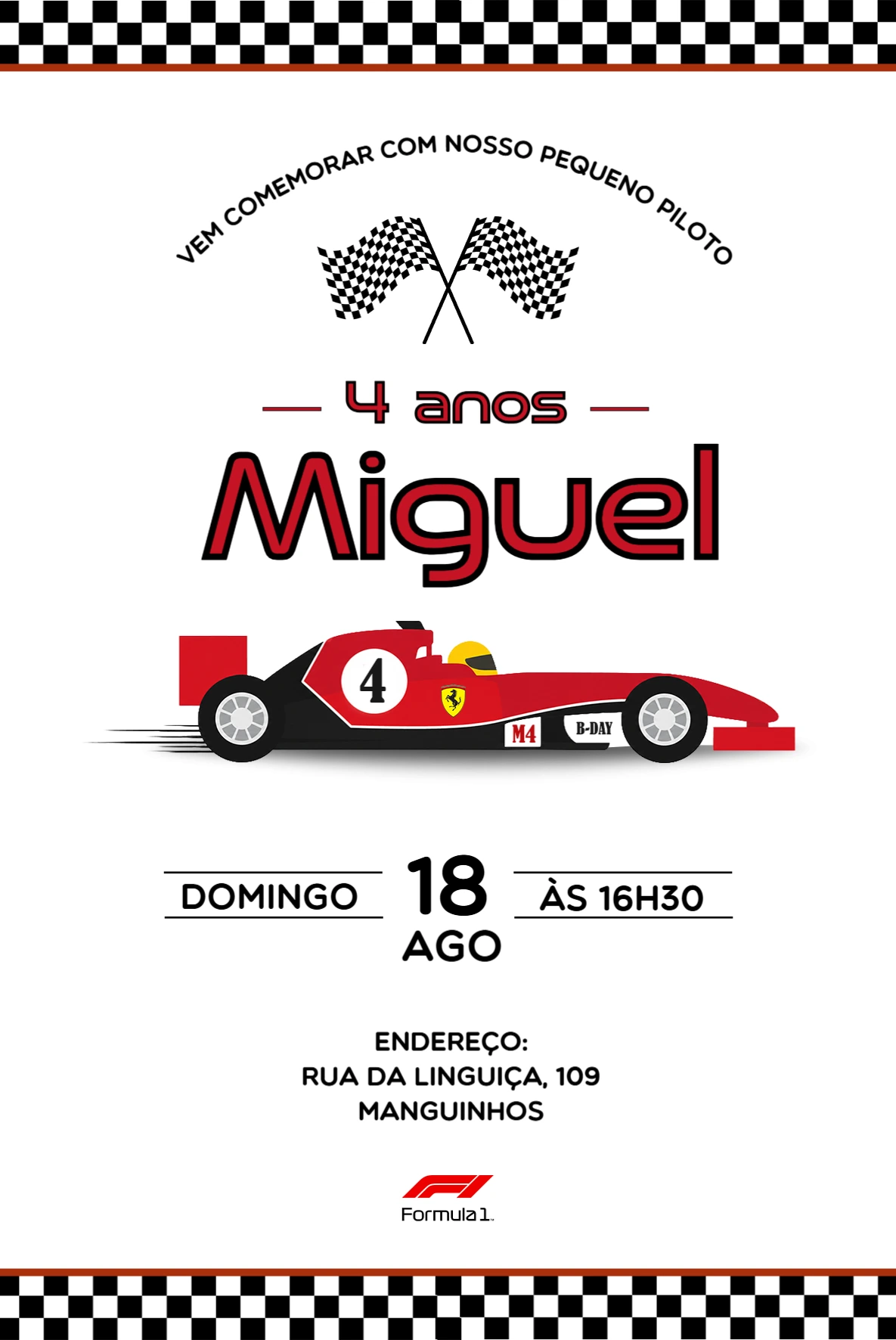 Convite de Aniversário Fórmula 1 Editável para Festa de Corrida Convite de Aniversário Fórmula 1 Editável para Festa de Corrida