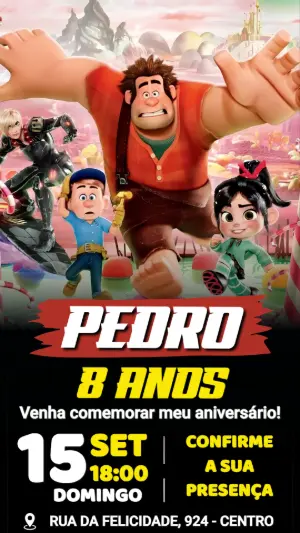 Convite de Aniversário Detona Ralph com a Turma Reunida Editável