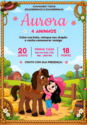 Convite de Aniversário Boiadeirinha Rosa Editável Online