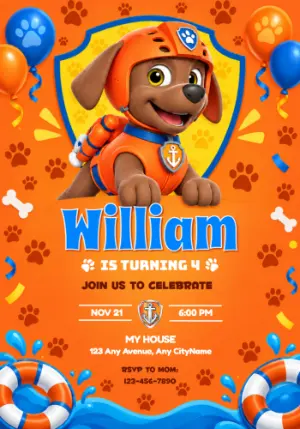 Editable Zuma Paw Patrol Birthday Invitation | Splash Party