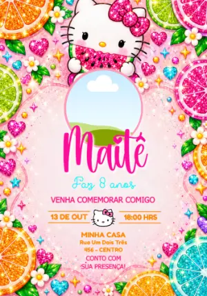 Convite de Aniversário Hello Kitty com Foto para Editar Online