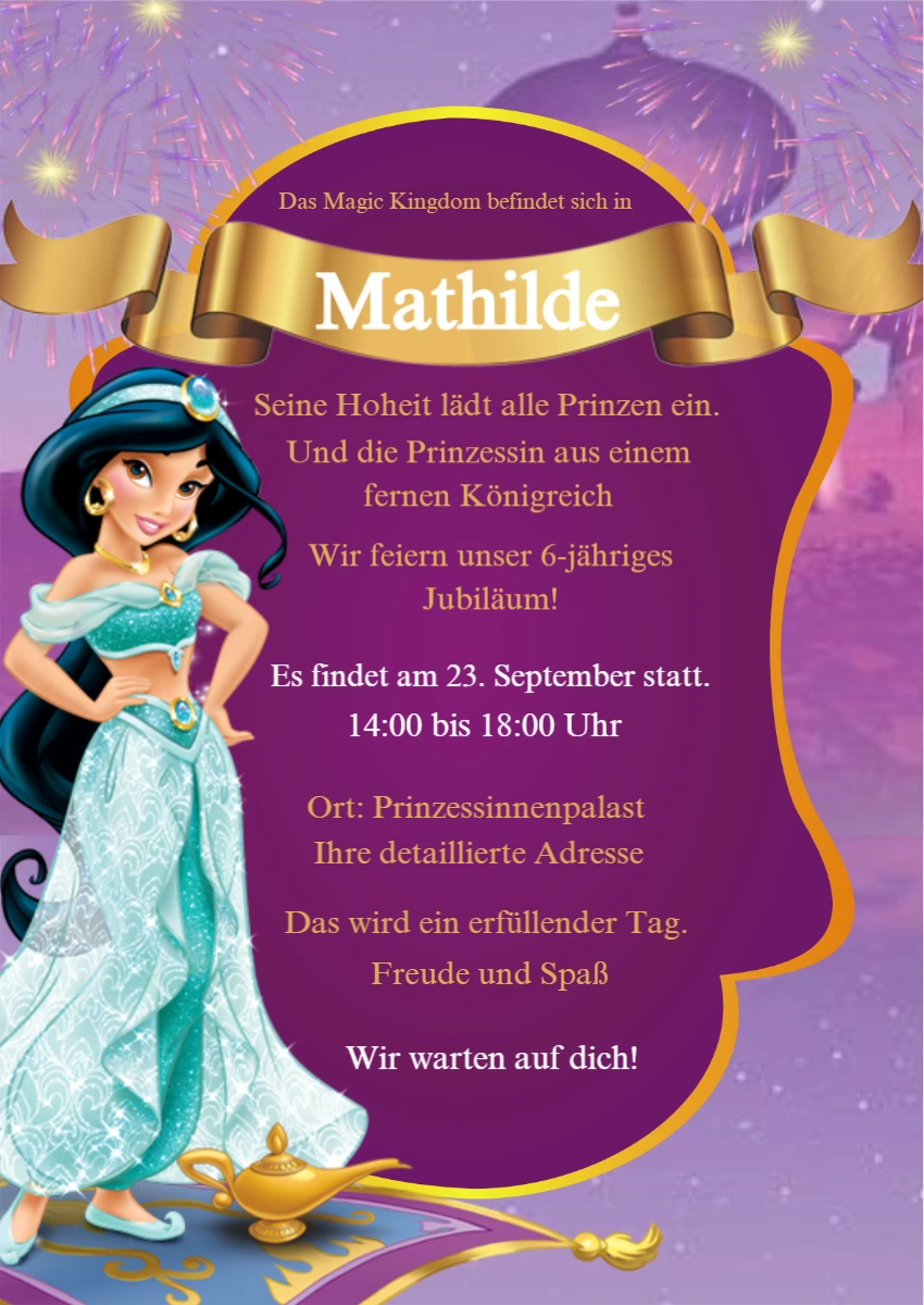 Prinzessin Jasmin Geburtstagseinladung zum Bearbeiten Prinzessin Jasmin Geburtstagseinladung zum Bearbeiten