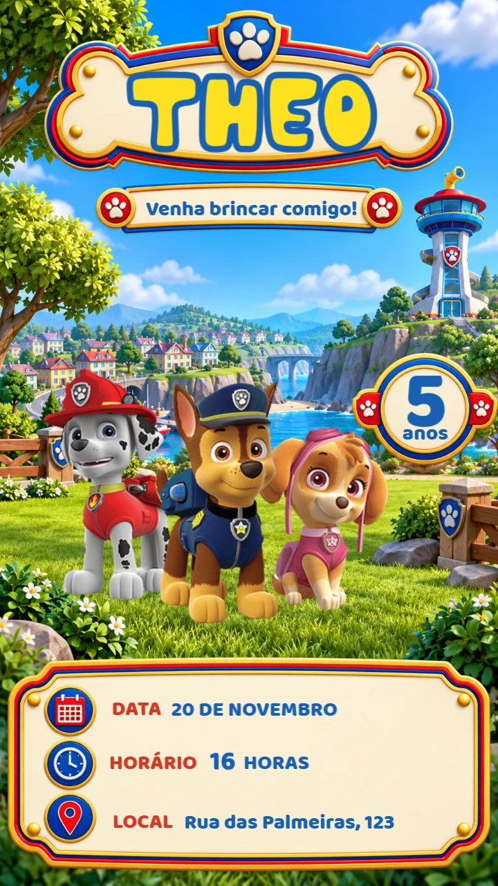 Convite Patrulha Canina com Chase, Marshall e Skye para Editar Convite Patrulha Canina com Chase, Marshall e Skye para Editar