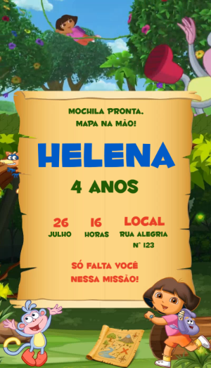 Convite Animado Dora Aventureira: Aniversário Infantil Editável