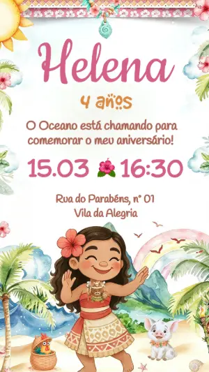 Convite de Aniversário Moana Editável para Festa Infantil