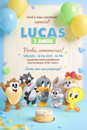 Convite de Aniversário Looney Tunes Baby para Editar