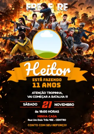 Convite de aniversário Free Fire com foto editável