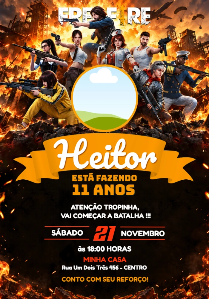 Convite de aniversário Free Fire com foto editável Convite de aniversário Free Fire com foto editável