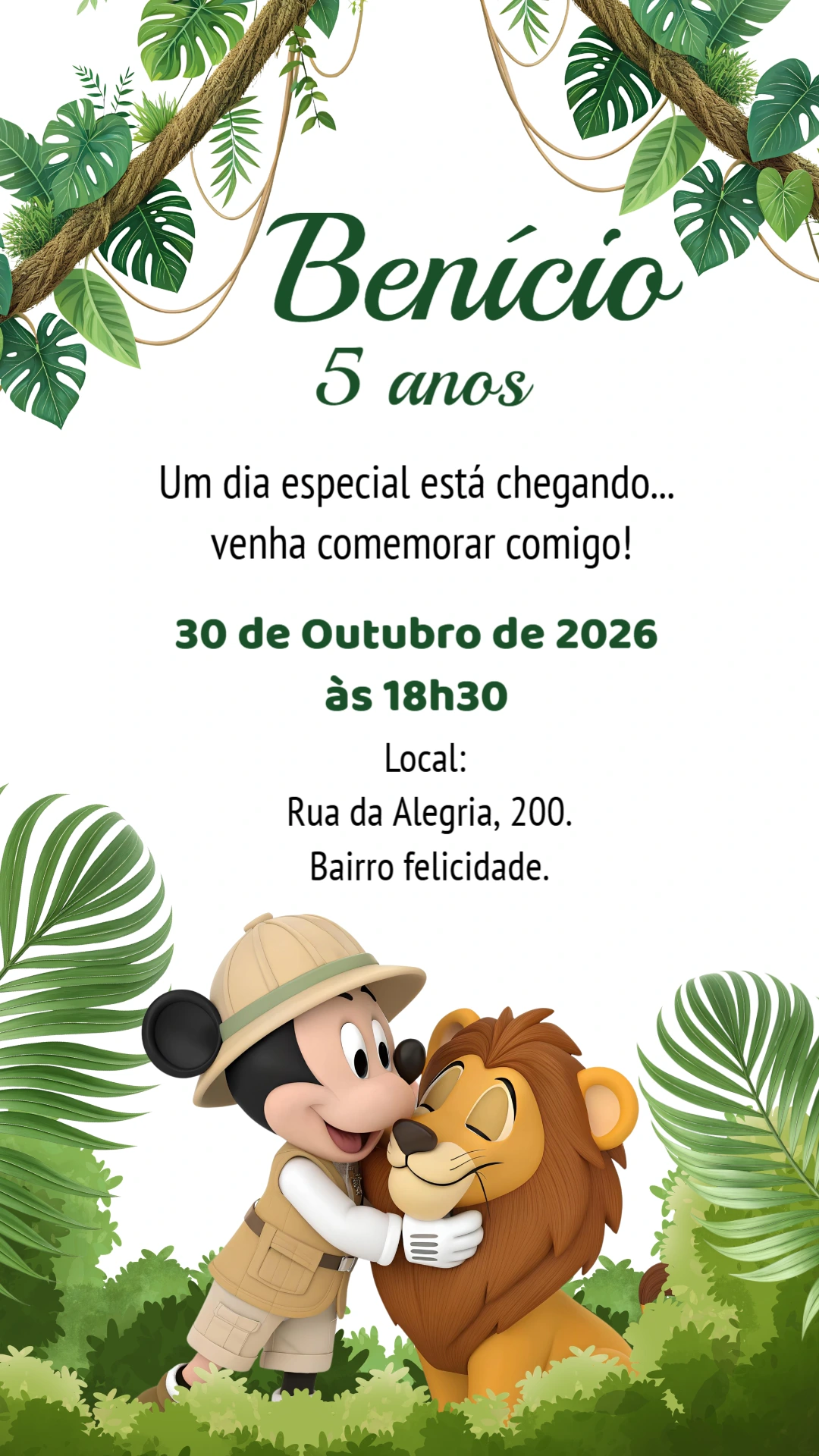 Convite Digital Mickey Safari: Modelo de Aniversário Editável Convite Digital Mickey Safari: Modelo de Aniversário Editável