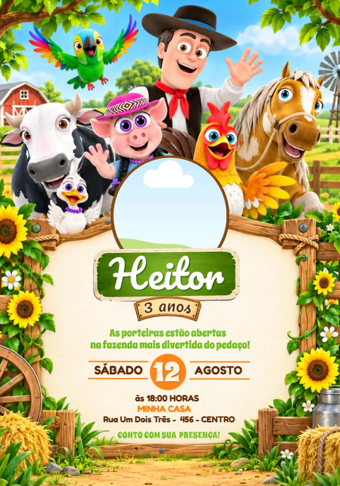 Convite de Aniversário A Fazenda do Zenon com Foto Editável Convite de Aniversário A Fazenda do Zenon com Foto Editável