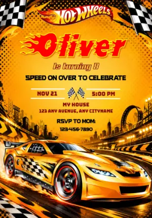 Hot Wheels Birthday Invitation with Fiery Race Car to Edit