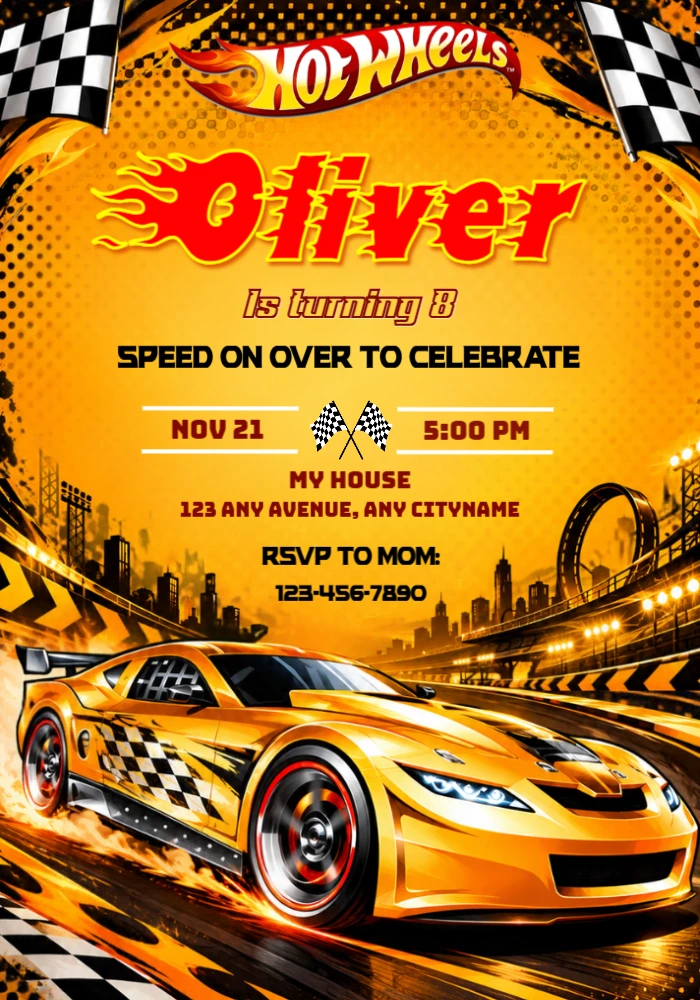 Hot Wheels Birthday Invitation with Fiery Race Car to Edit Hot Wheels Birthday Invitation with Fiery Race Car to Edit