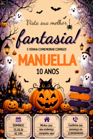Convite Halloween Editável para Aniversário Assustadoramente Fofo
