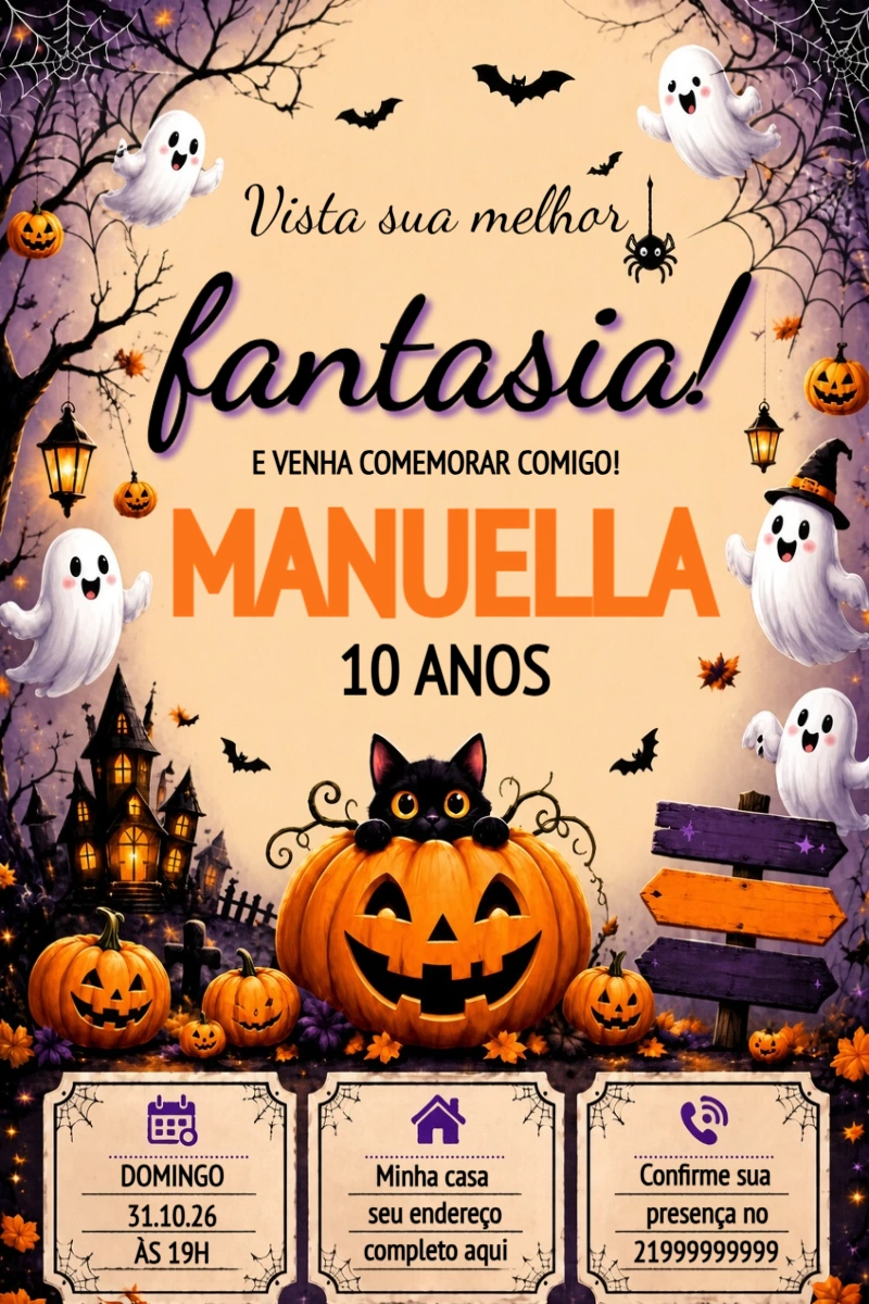 Convite Halloween Editável para Aniversário Assustadoramente Fofo Convite Halloween Editável para Aniversário Assustadoramente Fofo