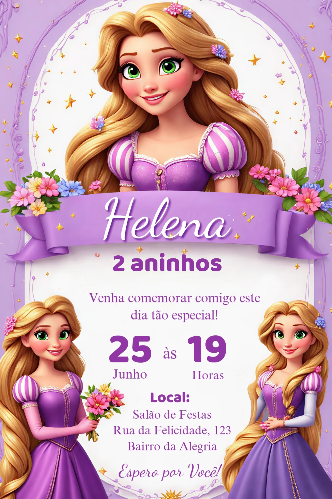 Convite de Aniversário Princesa Rapunzel Estilo 3D para Editar Convite de Aniversário Princesa Rapunzel Estilo 3D para Editar
