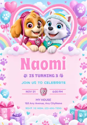 Skye & Everest Paw Patrol Birthday Invitation in a Heart Frame