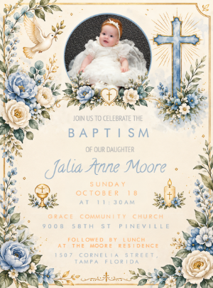 Elegant Girl Baptism Invitation with Photo - Editable Template