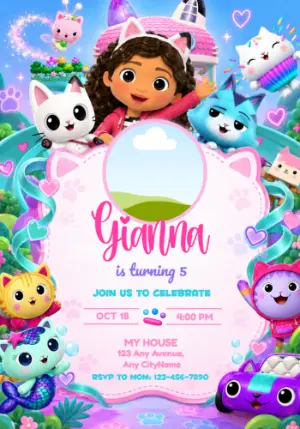 Gabby's Dollhouse Birthday Invite with Photo Editable Template