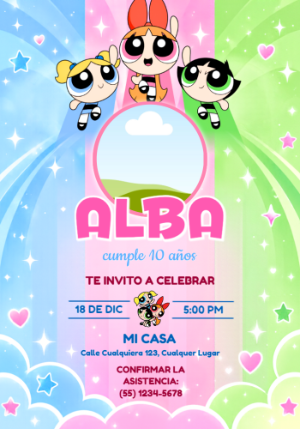 Invitación de Cumpleaños Las Chicas Superpoderosas con Foto Editable
