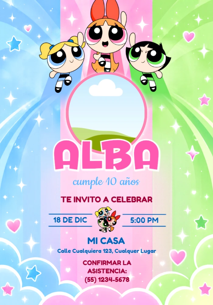 Invitación de Cumpleaños Las Chicas Superpoderosas con Foto Editable Invitación de Cumpleaños Las Chicas Superpoderosas con Foto Editable