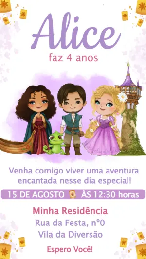Convite de Aniversário Rapunzel Enrolados Aquarela para Editar