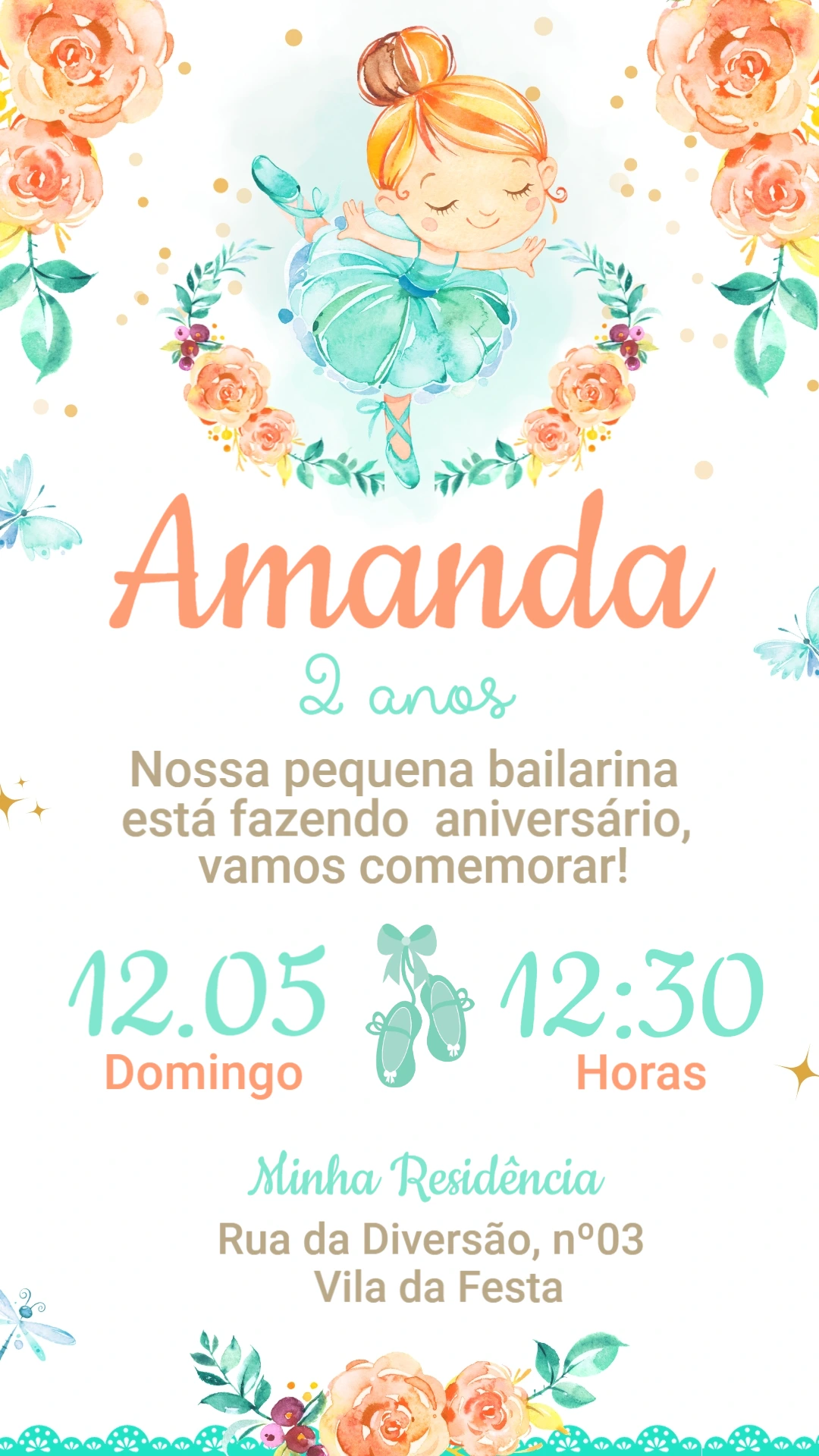 Convite de Aniversário Bailarina Aquarela para Editar Convite de Aniversário Bailarina Aquarela para Editar