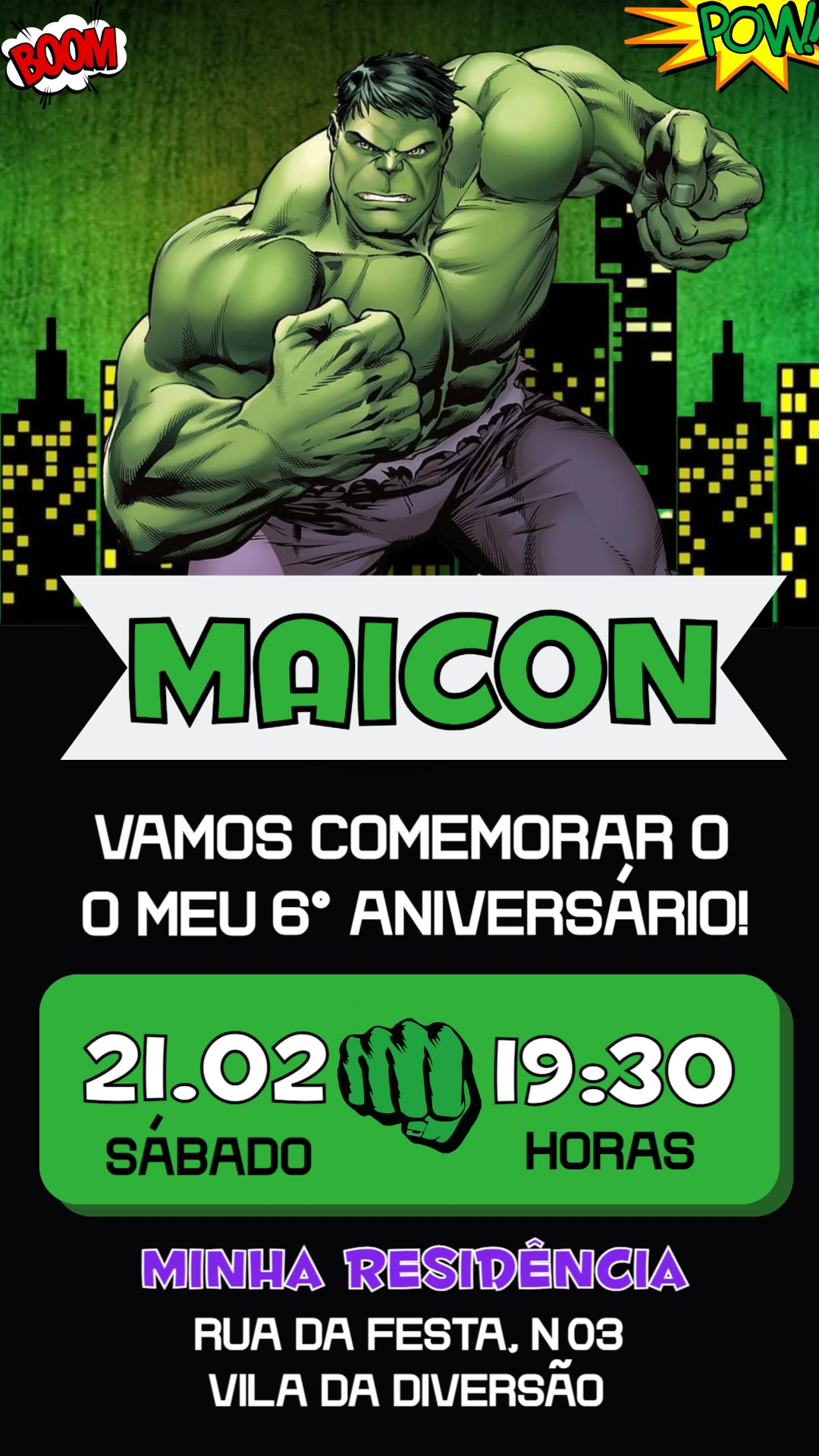 Convite de Aniversário do Hulk: Modelo Digital Editável Convite de Aniversário do Hulk: Modelo Digital Editável