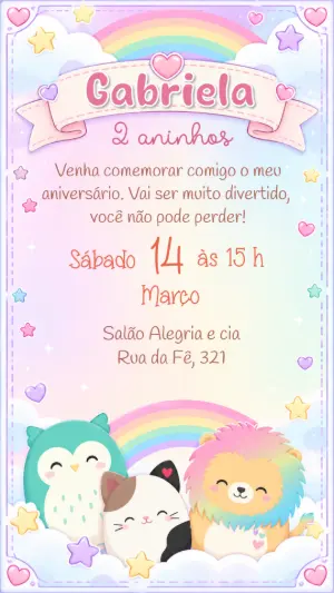 Convite de Aniversário Squishmallows Arco-Íris para Editar