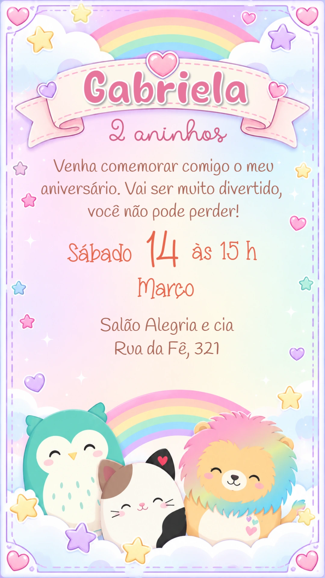Convite de Aniversário Squishmallows Arco-Íris para Editar Convite de Aniversário Squishmallows Arco-Íris para Editar