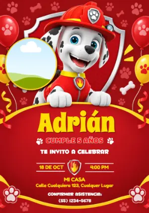 Invitación de Cumpleaños Marshall Patrulla Canina con Foto Editable