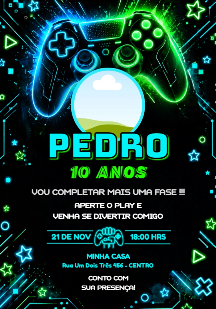 Convite de Aniversário Gamer com Foto Editável Convite de Aniversário Gamer com Foto Editável