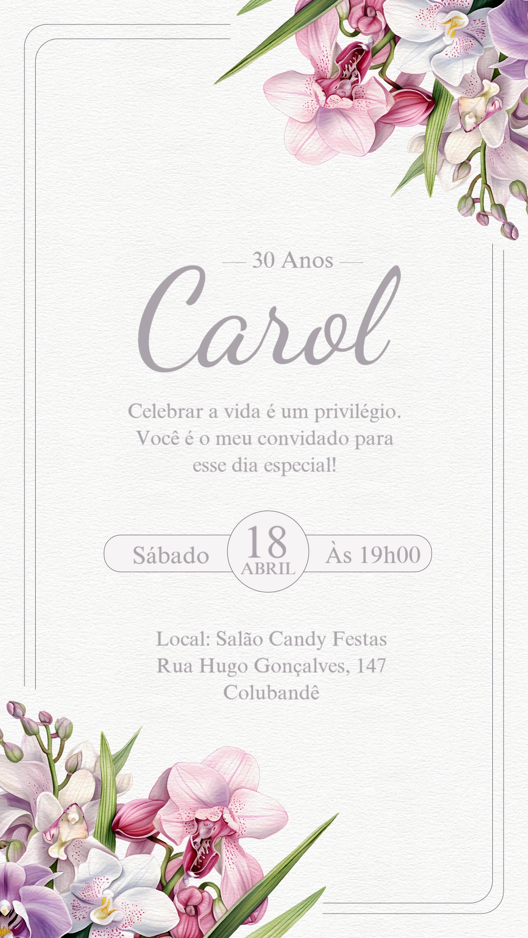 Convite de Aniversário Feminino com Orquídeas Aquarela Editável Convite de Aniversário Feminino com Orquídeas Aquarela Editável