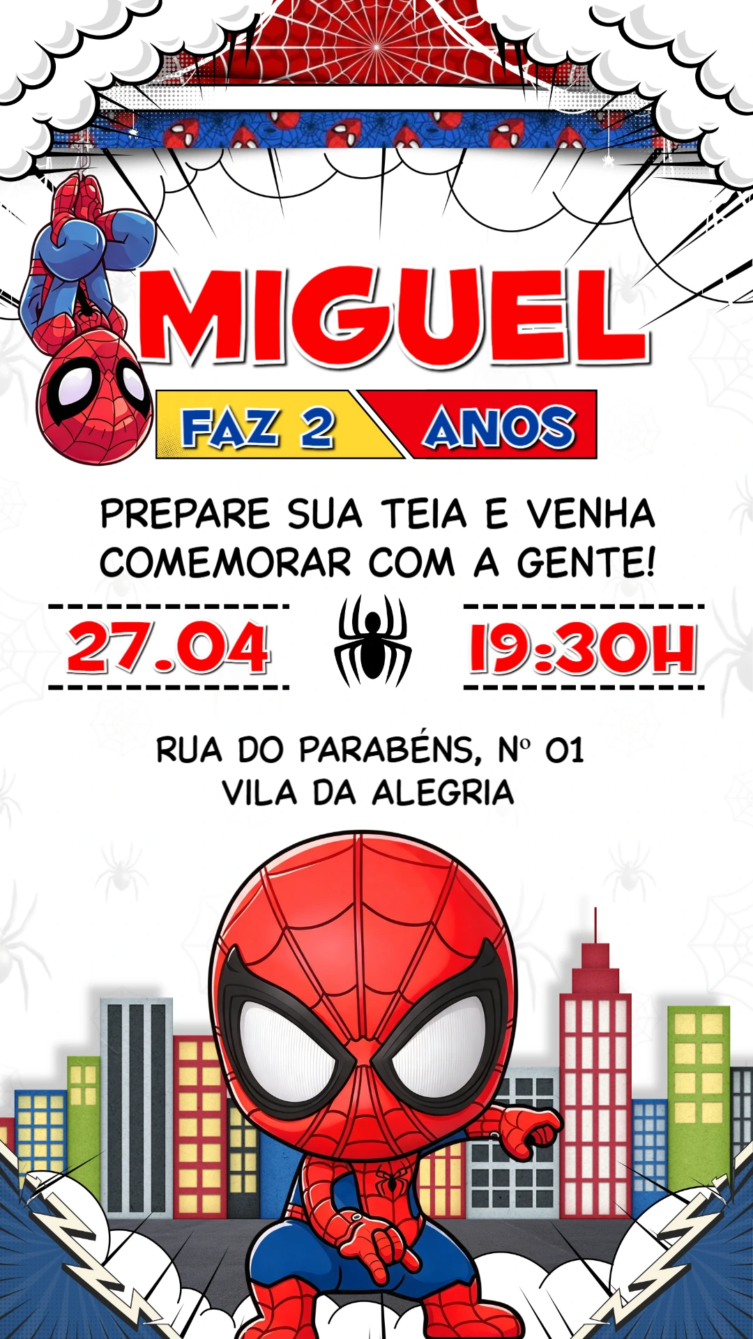 Convite de Aniversário Homem-Aranha Baby Estilo Quadrinhos Editável Convite de Aniversário Homem-Aranha Baby Estilo Quadrinhos Editável