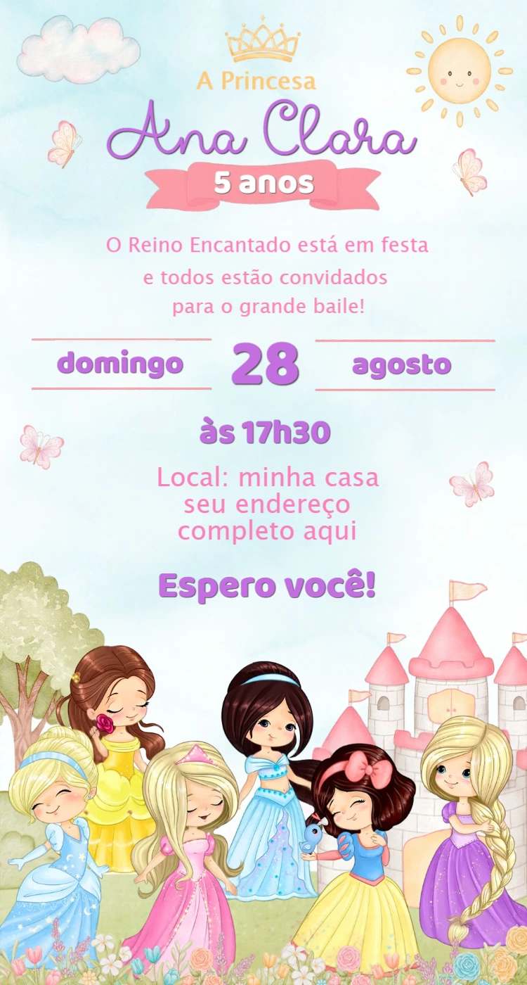 Convite de Aniversário Princesas em Aquarela para Editar Convite de Aniversário Princesas em Aquarela para Editar