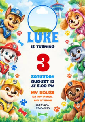Paw Patrol Watercolor Invitation with Photo Frame for Editing