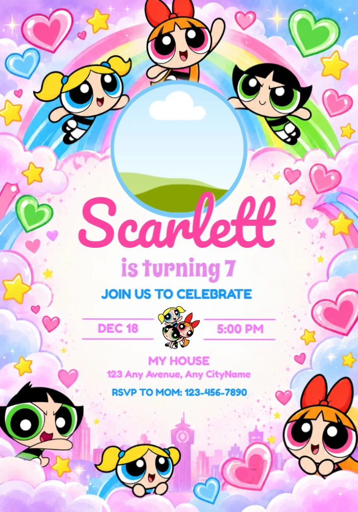Editable Powerpuff Girls Birthday Invitation with Photo Editable Powerpuff Girls Birthday Invitation with Photo