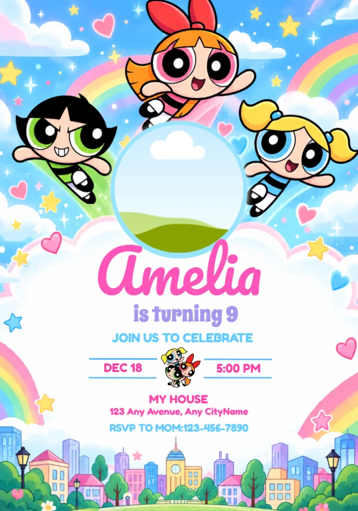 Editable Powerpuff Girls Birthday Invitation with Photo Editable Powerpuff Girls Birthday Invitation with Photo